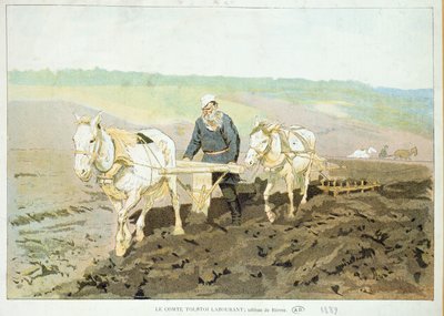 Der Schriftsteller Lew Nikolajewitsch Tolstoi (1828-1910) pflügt mit Pferden, 1889 von Ilya Efimovich Repin